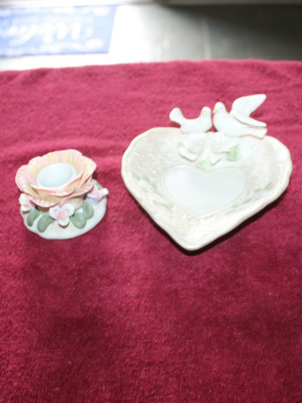 Vintage ceramic heart-shaped trinket dish w/doves & Flower taper holder